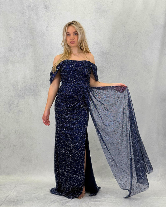 Simli Şifon Şal Detaylı Abiye Elbise