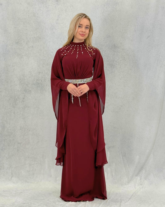 Taş Detaylı Şifon Kollu ve Kemerli Abiye Elbise