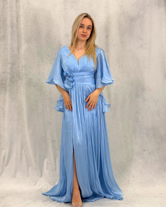 Piliseli Çiçek Detaylı Uzun Elbise