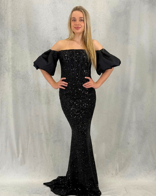 Sim Detaylı Balon Kollu Abiye Elbise