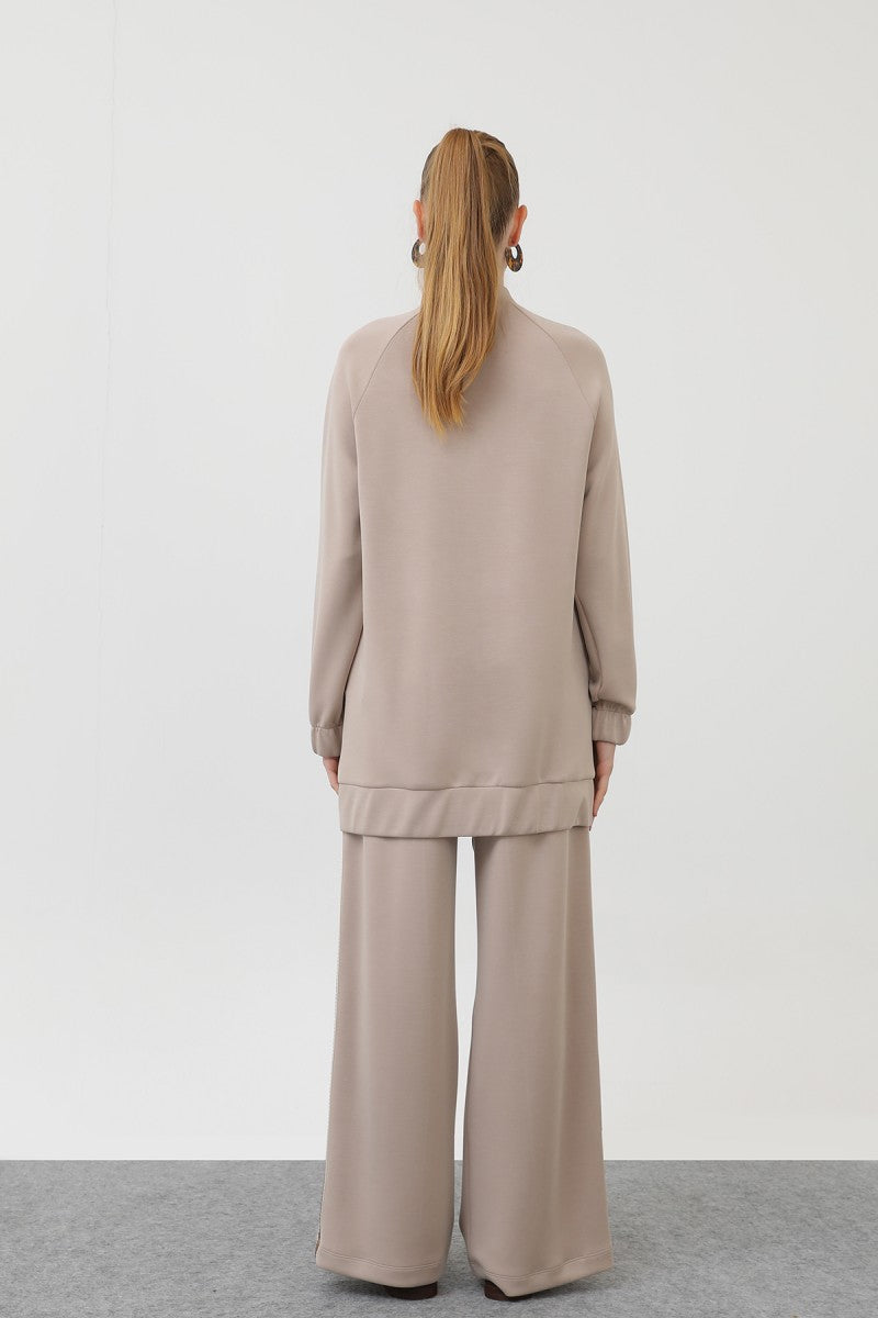 Kadın Fermuarlı Omuzu Hazır Şerit Detaylı Pantolonlu Takım