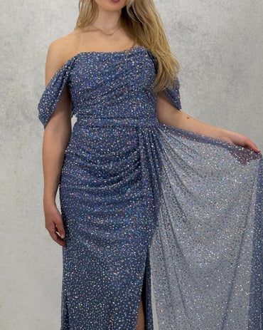 Simli Şifon Şal Detaylı Abiye Elbise