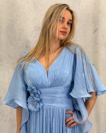 Piliseli Çiçek Detaylı Uzun Elbise