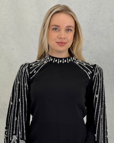 Taş İşlemeli Pelerin Kollu Özel Tasarım Abiye Elbise