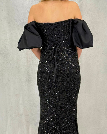 Sim Detaylı Balon Kollu Abiye Elbise