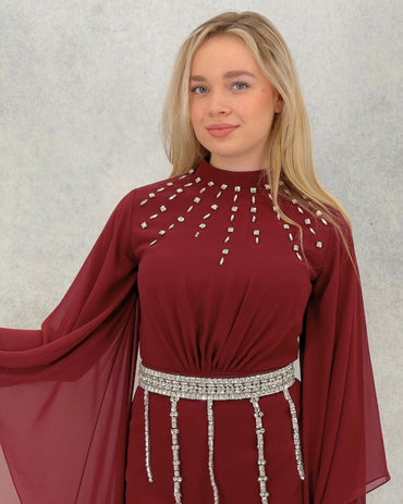 Taş Detaylı Şifon Kollu ve Kemerli Abiye Elbise