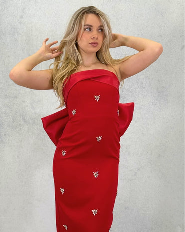 Straplez Taş Detaylı Abiye Elbise – Fırfırlı Arka Detay