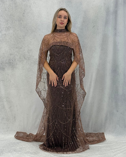 Payet İşlemeli Pelerinli Abiye Elbise