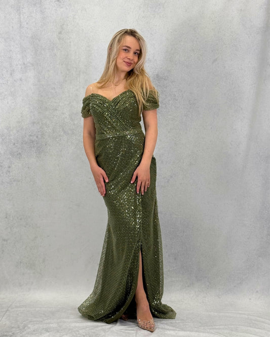 Işıltılı Mavi Omzu Açık Yırtmaçlı Abiye Elbise