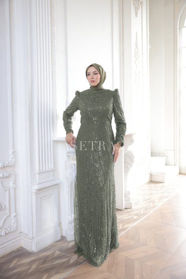 Özel Tasarım Pelerinli Abiye – Açık Haki