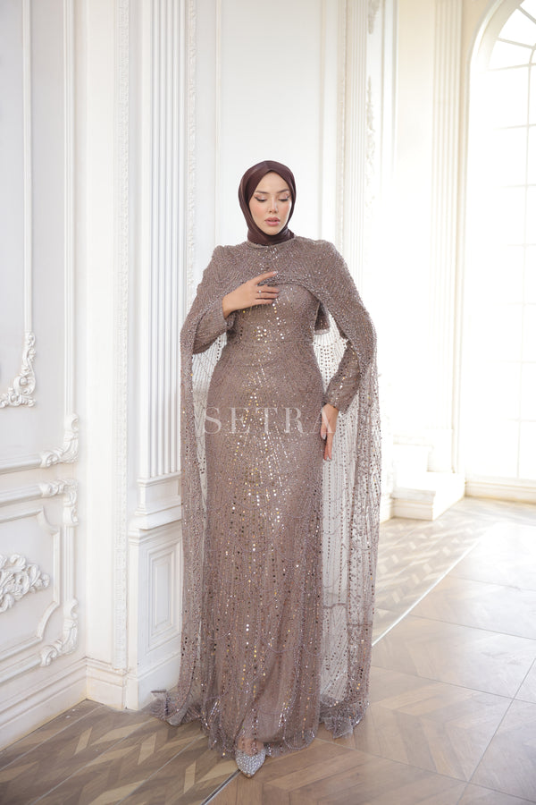 Custom-Designed Caped Evening Gown – Mink