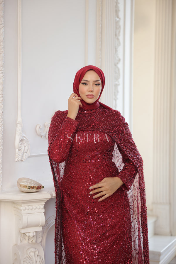 Custom Design Caped Evening Gown – Dark Red