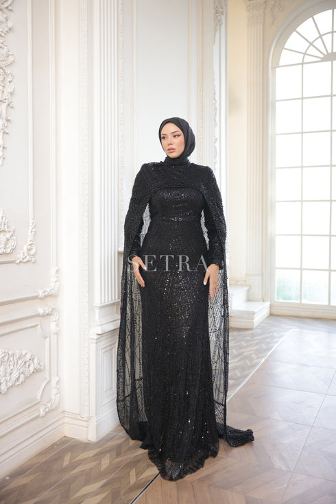Special Design Evening Dress with Cape – Black