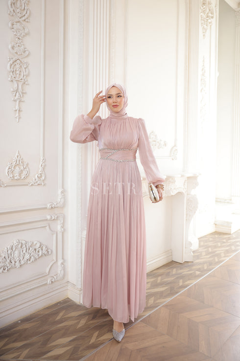 Taş Detaylı Pileli Tesettür Abiye Elbise