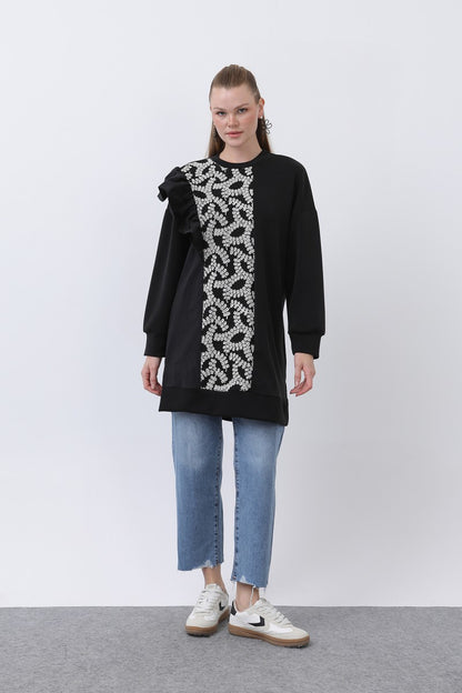 Kadın Omzu Fırfır Detaylı Dantel Garnili Tunik