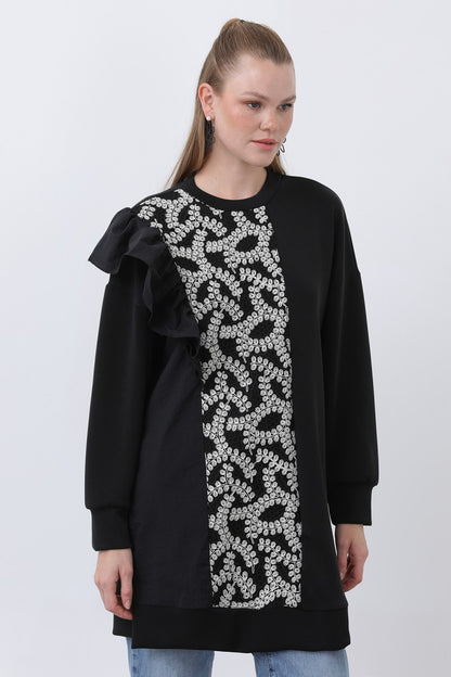 Kadın Omzu Fırfır Detaylı Dantel Garnili Tunik
