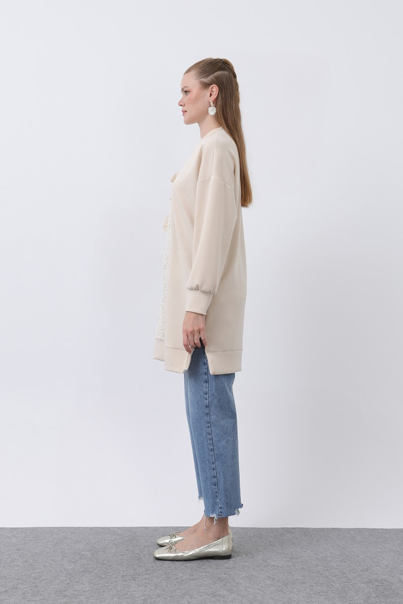 Kadın Omzu Fırfır Detaylı Dantel Garnili Tunik