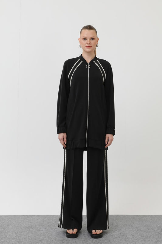 Kadın Fermuarlı Omuzu Hazır Şerit Detaylı Pantolonlu Takım