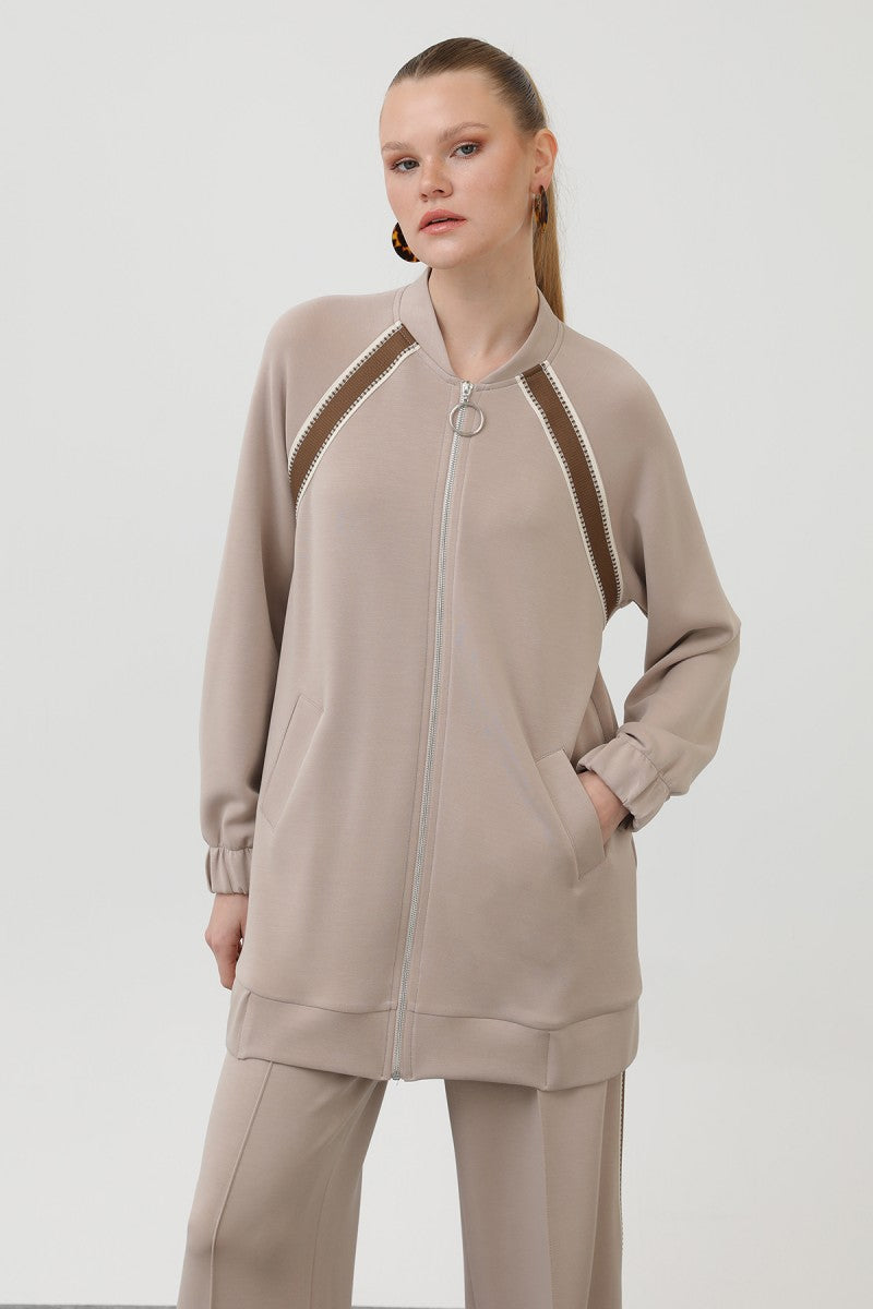 Kadın Fermuarlı Omuzu Hazır Şerit Detaylı Pantolonlu Takım