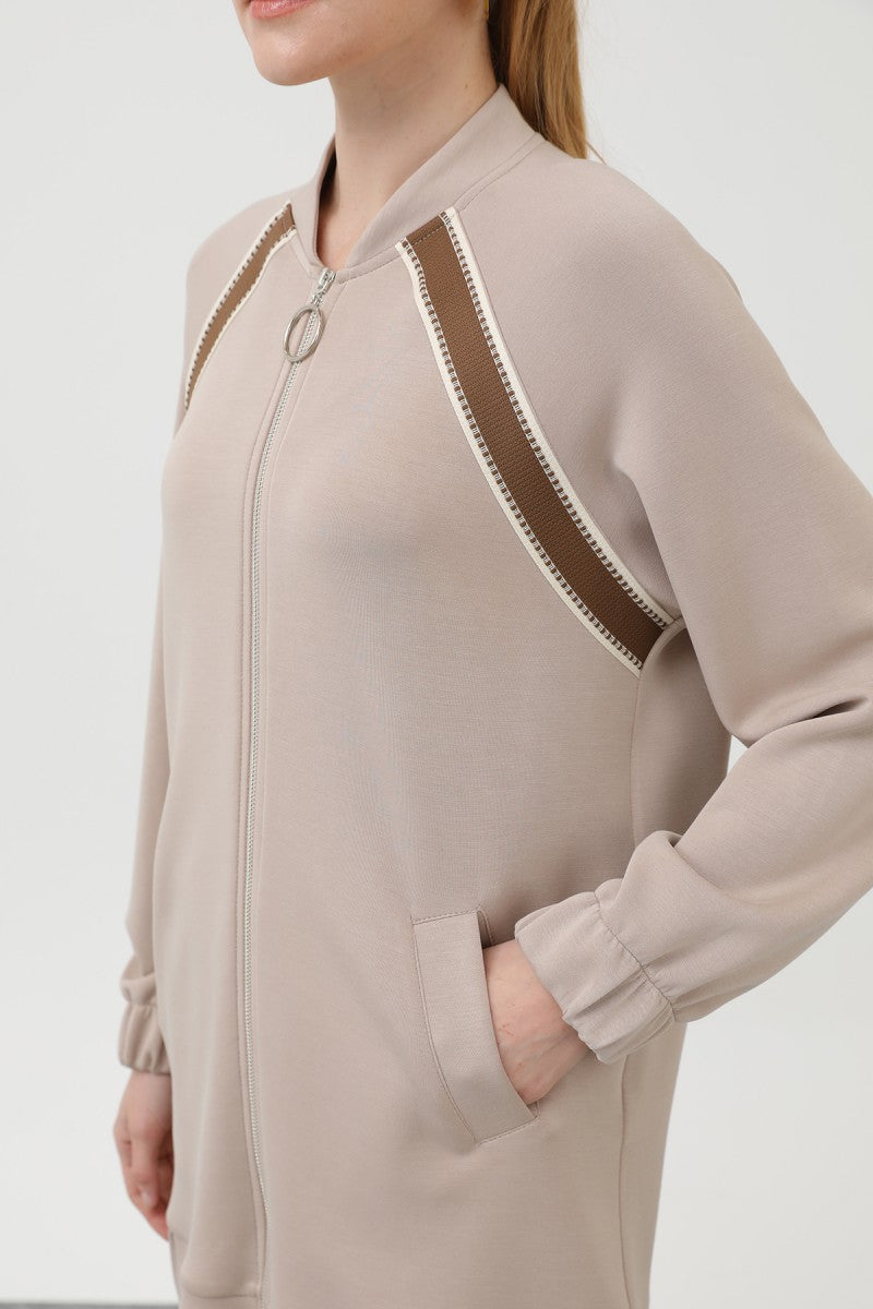 Kadın Fermuarlı Omuzu Hazır Şerit Detaylı Pantolonlu Takım