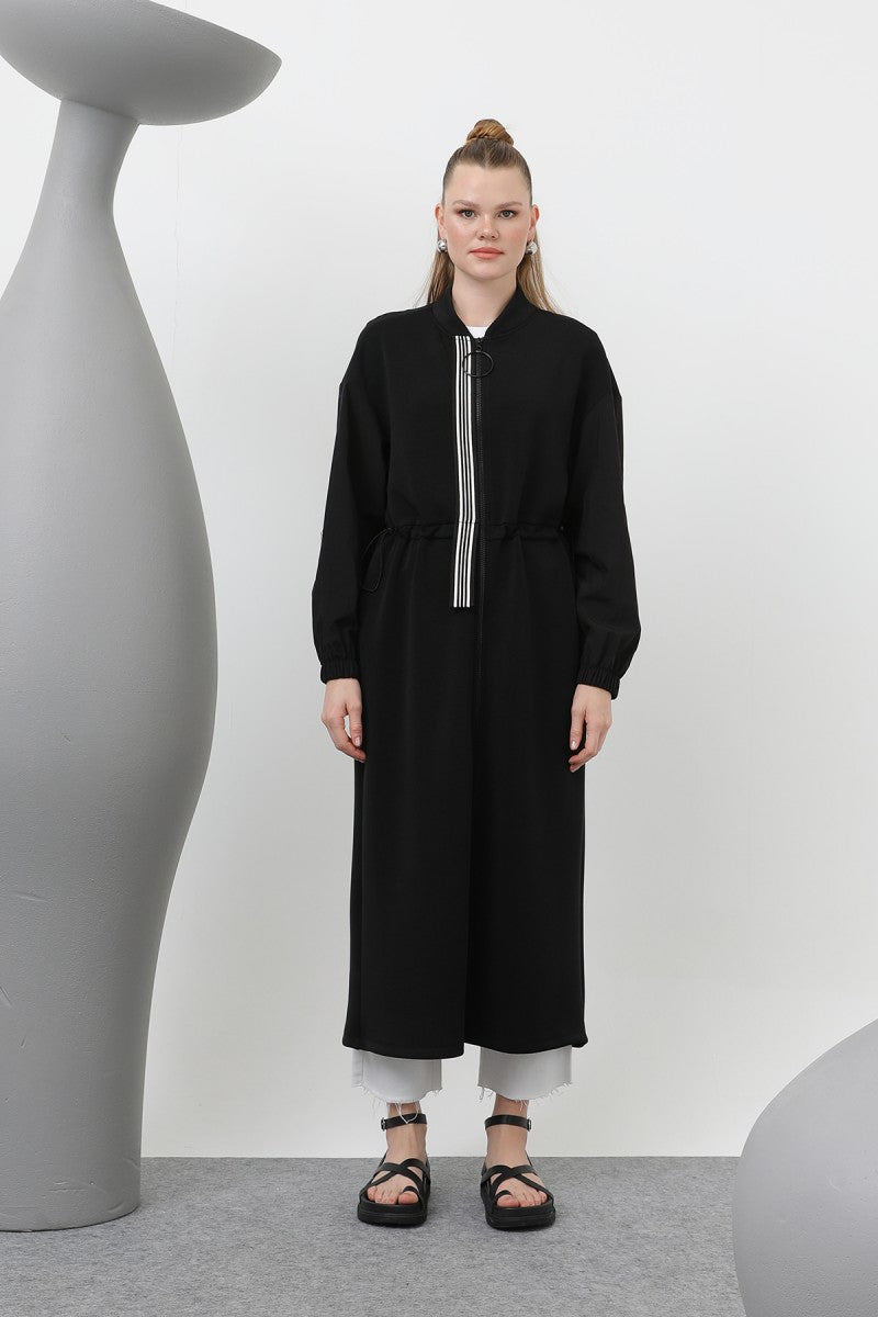 Önü Fermuar ve Şerit Detaylı Beli Büzgülü Elbise