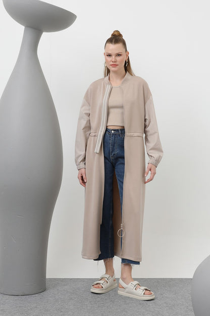 Önü Fermuar ve Şerit Detaylı Beli Büzgülü Elbise