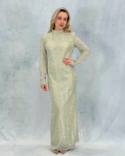 Glitzerndes, steinfarbenes, langes Abendkleid