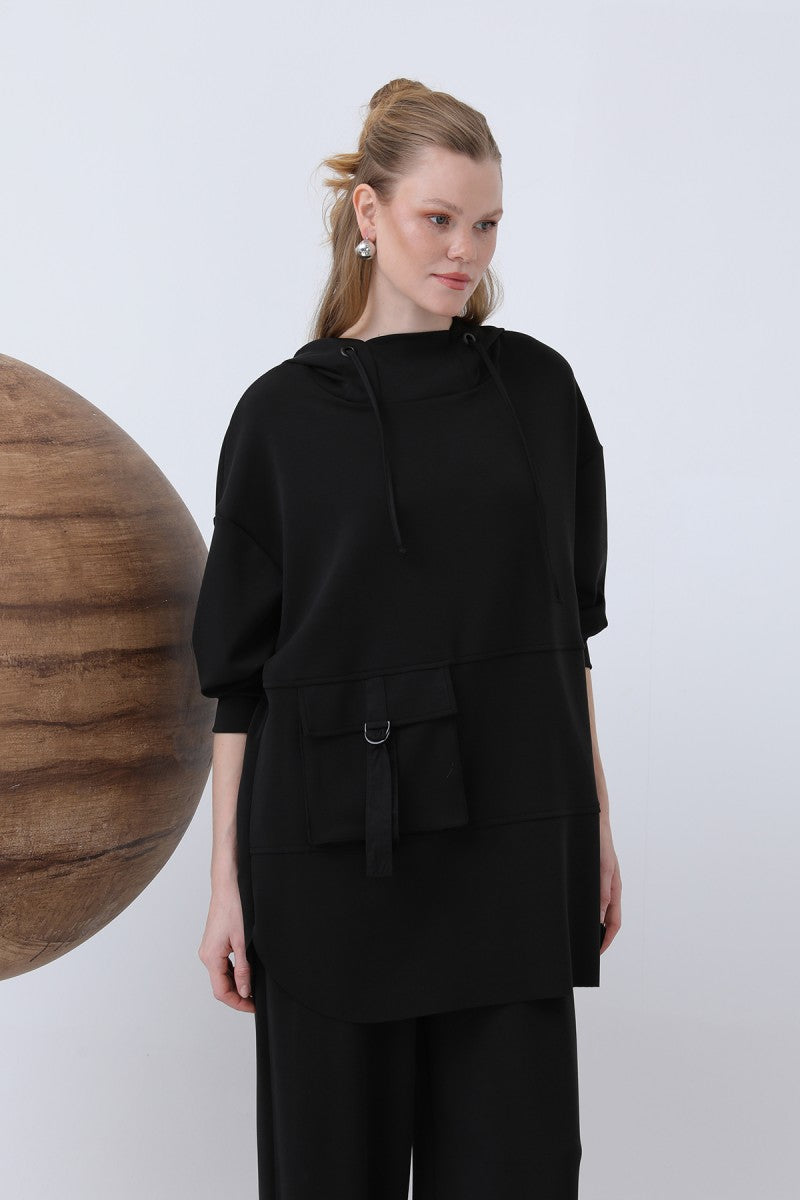 Önü Fermuar Detaylı Kapüşonlu Tunik