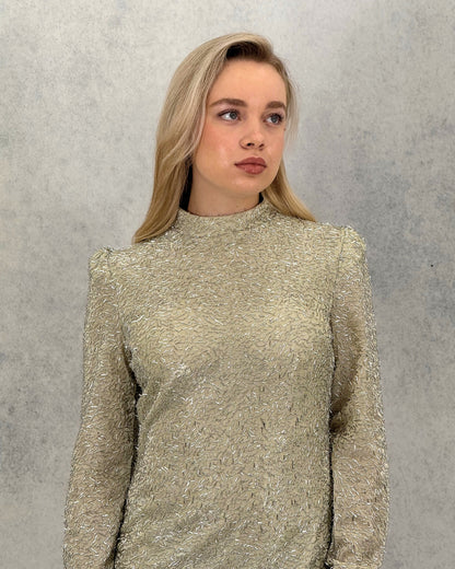 Glitzerndes, steinfarbenes, langes Abendkleid