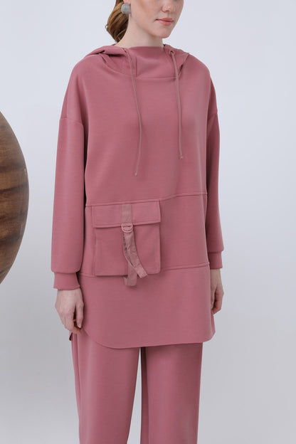 Önü Fermuar Detaylı Kapüşonlu Tunik