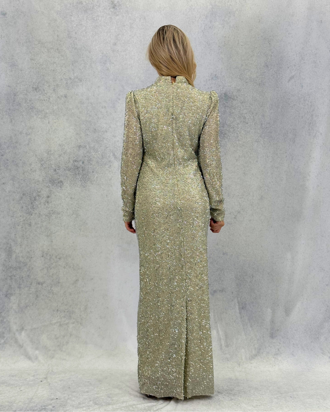 Glitzerndes, steinfarbenes, langes Abendkleid