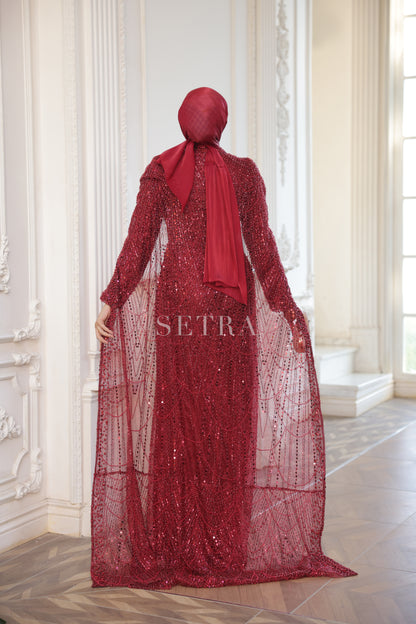 Özel Tasarım Pelerinli Abiye – Koyu Kırmızı