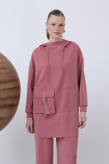 Önü Fermuar Detaylı Kapüşonlu Tunik