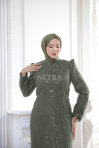 Özel Tasarım Pelerinli Abiye – Açık Haki