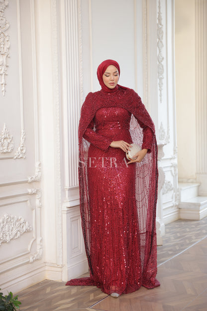 Özel Tasarım Pelerinli Abiye – Koyu Kırmızı