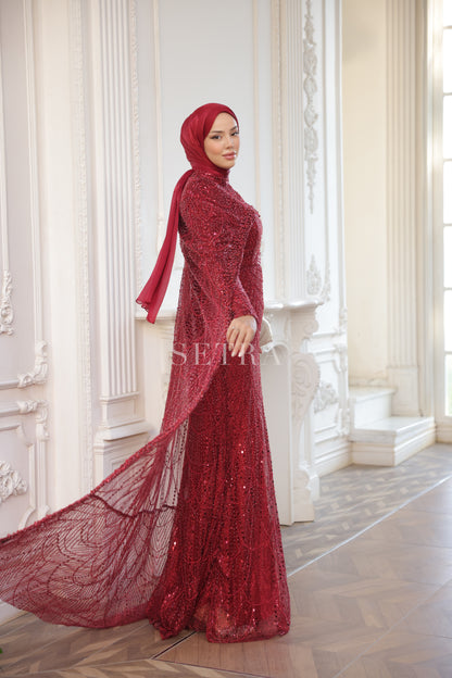 Özel Tasarım Pelerinli Abiye – Koyu Kırmızı