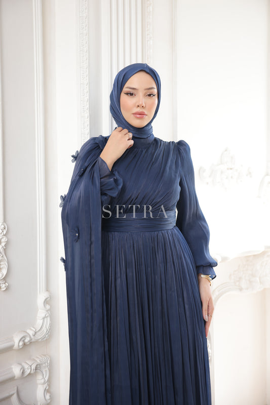 Çiçekli Pelerin Detaylı Şık Abiye Elbise