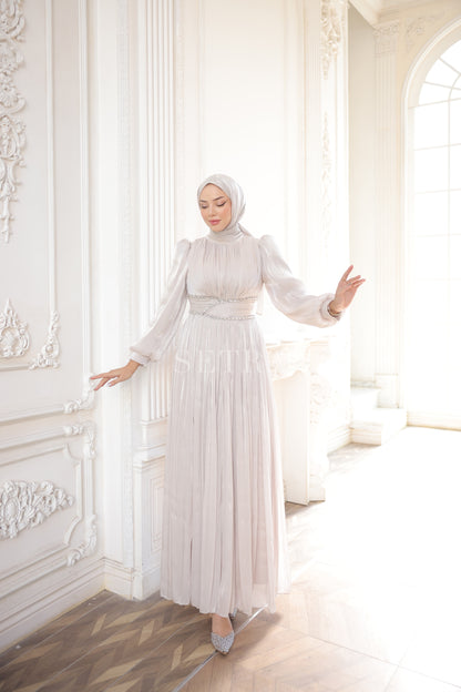 Taş Detaylı Pileli Tesettür Abiye Elbise