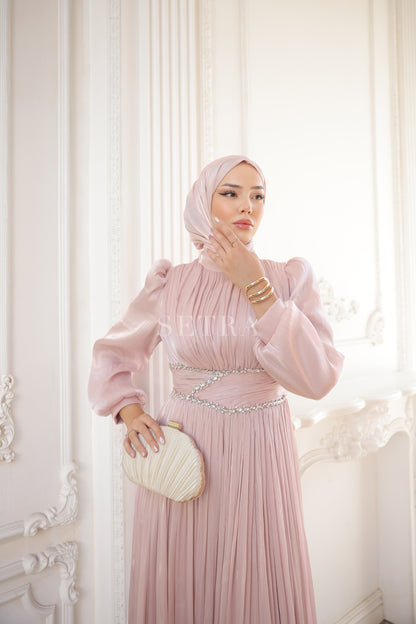 Taş Detaylı Pileli Tesettür Abiye Elbise