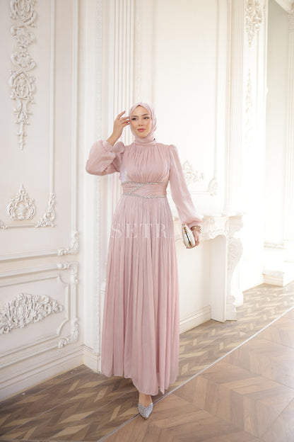 Taş Detaylı Pileli Tesettür Abiye Elbise