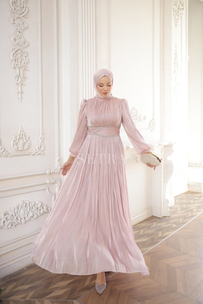 Taş Detaylı Pileli Tesettür Abiye Elbise