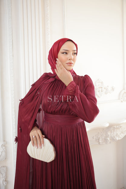 Çiçekli Pelerin Detaylı Şık Abiye Elbise